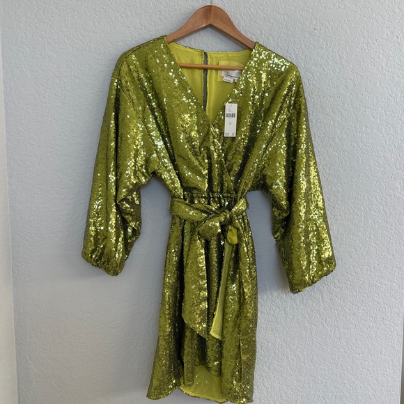 Anthropologie Sequin Wrap Dress in Chartruse - Picture 5 of 12